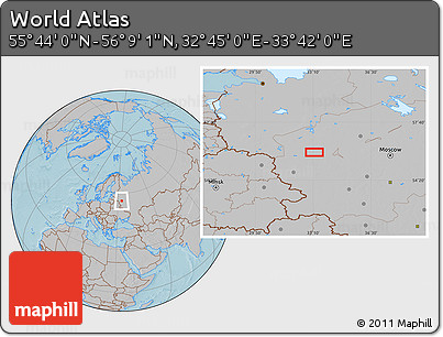 Gray Location Map of the Area around 55° 56' 31" N, 33° 13' 30" E, hill shading