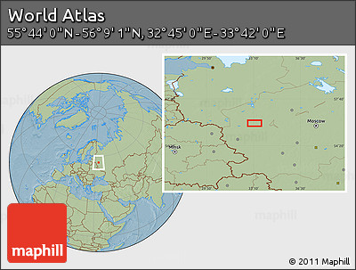 Savanna Style Location Map of the Area around 55° 56' 31" N, 33° 13' 30" E, hill shading