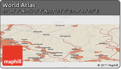 Shaded Relief Panoramic Map of the Area around 55° 56' 31" N, 38° 19' 30" E