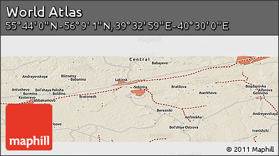 Shaded Relief Panoramic Map of the Area around 55° 56' 31" N, 40° 1' 29" E