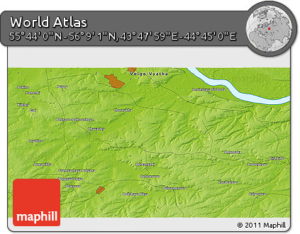 Physical 3D Map of the Area around 55° 56' 31" N, 44° 16' 29" E