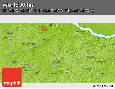 Physical 3D Map of the Area around 55° 56' 31" N, 44° 16' 29" E