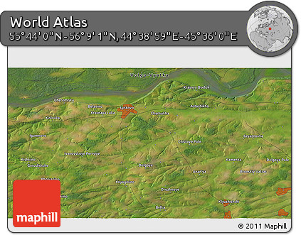 Satellite 3D Map of the Area around 55° 56' 31" N, 45° 7' 30" E