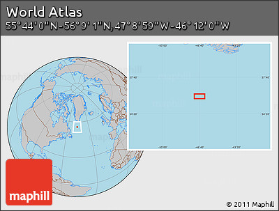 Gray Location Map of the Area around 55° 56' 31" N, 46° 40' 29" W