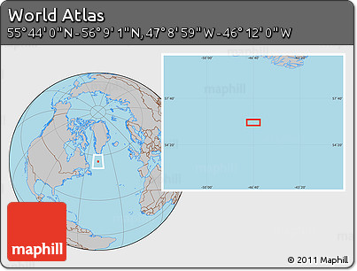 Gray Location Map of the Area around 55° 56' 31" N, 46° 40' 29" W