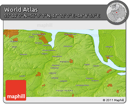 Physical 3D Map of the Area around 55° 56' 31" N, 47° 40' 29" E
