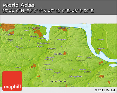 Physical 3D Map of the Area around 55° 56' 31" N, 47° 40' 29" E