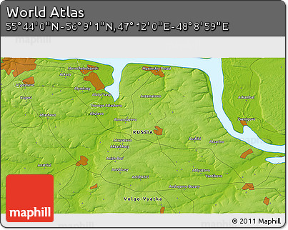Physical 3D Map of the Area around 55° 56' 31" N, 47° 40' 29" E