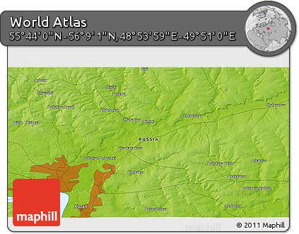 Physical 3D Map of the Area around 55° 56' 31" N, 49° 22' 30" E
