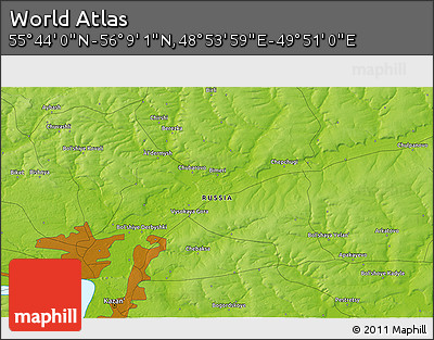Physical 3D Map of the Area around 55° 56' 31" N, 49° 22' 30" E