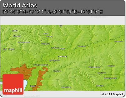 Physical 3D Map of the Area around 55° 56' 31" N, 49° 22' 30" E