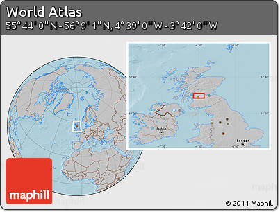 Gray Location Map of the Area around 55° 56' 31" N, 4° 10' 30" W, hill shading