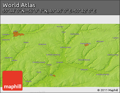 Physical 3D Map of the Area around 55° 56' 31" N, 50° 13' 30" E