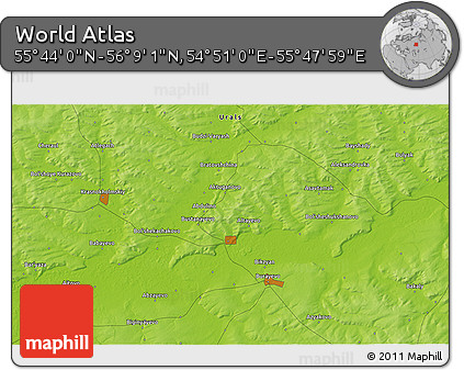 Physical 3D Map of the Area around 55° 56' 31" N, 55° 19' 30" E