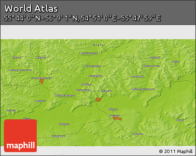 Physical 3D Map of the Area around 55° 56' 31" N, 55° 19' 30" E