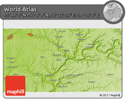 Physical 3D Map of the Area around 55° 56' 31" N, 57° 1' 29" E
