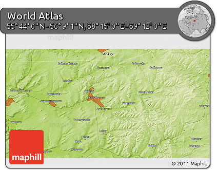 Physical 3D Map of the Area around 55° 56' 31" N, 58° 43' 30" E
