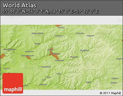 Physical 3D Map of the Area around 55° 56' 31" N, 58° 43' 30" E