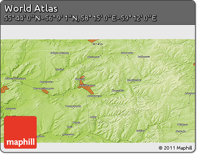 Physical 3D Map of the Area around 55° 56' 31" N, 58° 43' 30" E