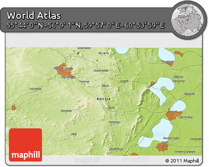 Physical 3D Map of the Area around 55° 56' 31" N, 60° 25' 29" E