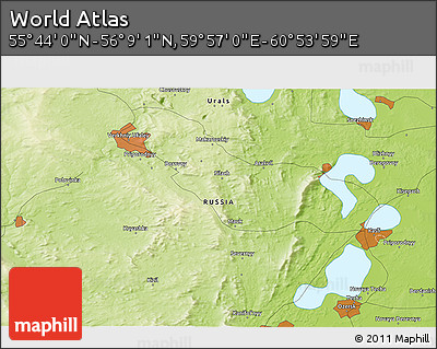 Physical 3D Map of the Area around 55° 56' 31" N, 60° 25' 29" E