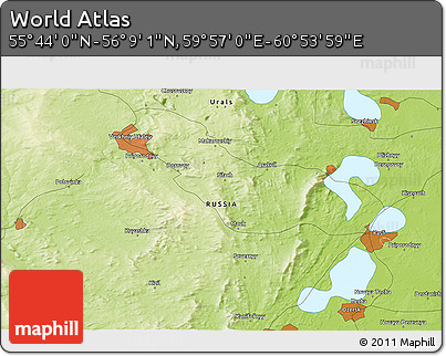 Physical 3D Map of the Area around 55° 56' 31" N, 60° 25' 29" E