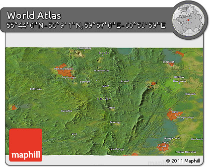 Satellite 3D Map of the Area around 55° 56' 31" N, 60° 25' 29" E