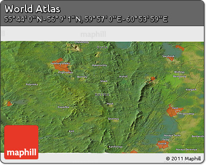 Satellite 3D Map of the Area around 55° 56' 31" N, 60° 25' 29" E