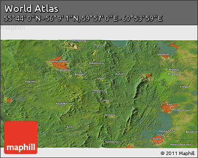 Satellite 3D Map of the Area around 55° 56' 31" N, 60° 25' 29" E