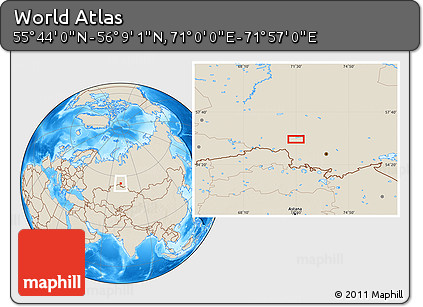 Shaded Relief Location Map of the Area around 55° 56' 31" N, 71° 28' 29" E