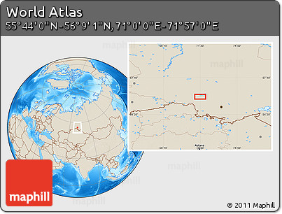 Shaded Relief Location Map of the Area around 55° 56' 31" N, 71° 28' 29" E