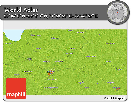 Physical 3D Map of the Area around 55° 56' 31" N, 72° 19' 29" E