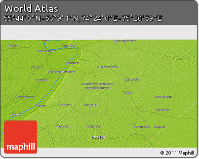 Physical 3D Map of the Area around 55° 56' 31" N, 74° 52' 30" E