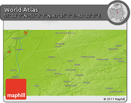 Physical 3D Map of the Area around 55° 56' 31" N, 84° 13' 29" E