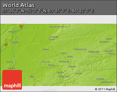 Physical 3D Map of the Area around 55° 56' 31" N, 84° 13' 29" E