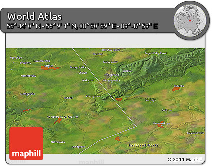 Satellite 3D Map of the Area around 55° 56' 31" N, 89° 19' 29" E
