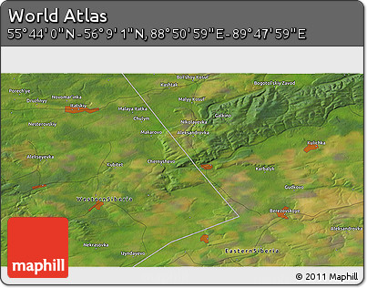 Satellite 3D Map of the Area around 55° 56' 31" N, 89° 19' 29" E