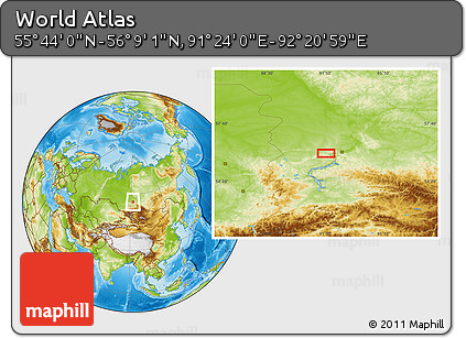Physical Location Map of the Area around 55° 56' 31" N, 91° 52' 30" E
