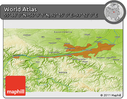 Physical 3D Map of the Area around 55° 56' 31" N, 92° 43' 29" E