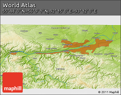 Physical 3D Map of the Area around 55° 56' 31" N, 92° 43' 29" E