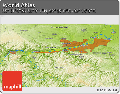 Physical 3D Map of the Area around 55° 56' 31" N, 92° 43' 29" E