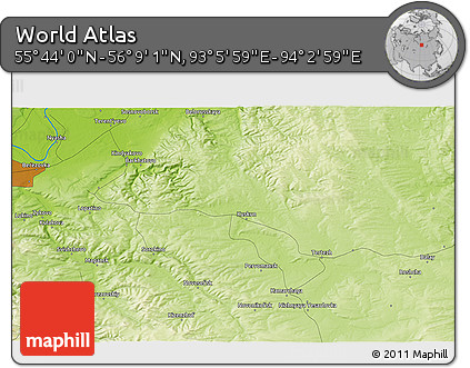 Physical 3D Map of the Area around 55° 56' 31" N, 93° 34' 29" E