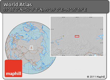 Gray Location Map of the Area around 55° 56' 31" N, 96° 7' 30" E, hill shading