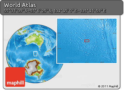 Physical Location Map of the Area around 55° 19' 2" S, 135° 13' 29" E