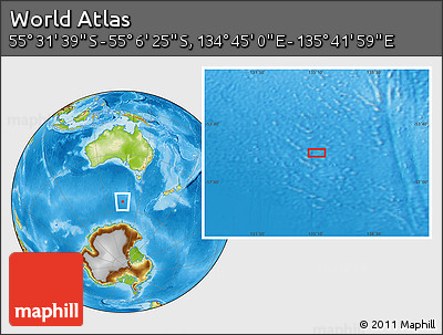 Physical Location Map of the Area around 55° 19' 2" S, 135° 13' 29" E