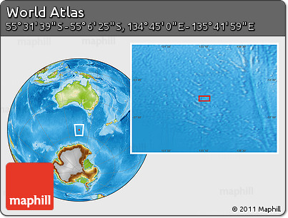 Physical Location Map of the Area around 55° 19' 2" S, 135° 13' 29" E