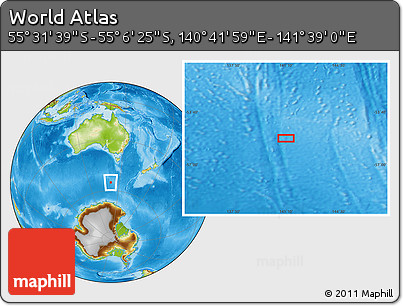 Physical Location Map of the Area around 55° 19' 2" S, 141° 10' 30" E