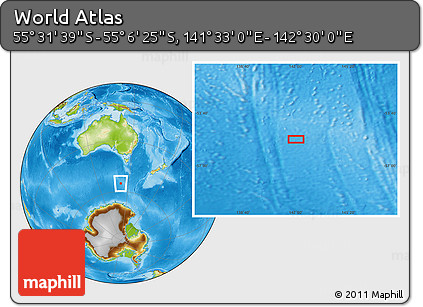 Physical Location Map of the Area around 55° 19' 2" S, 142° 1' 30" E