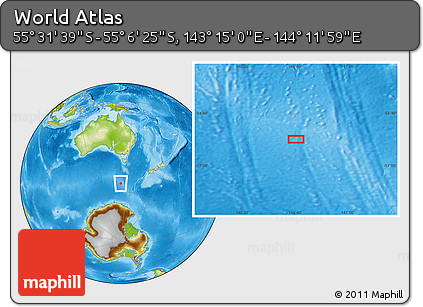 Physical Location Map of the Area around 55° 19' 2" S, 143° 43' 29" E
