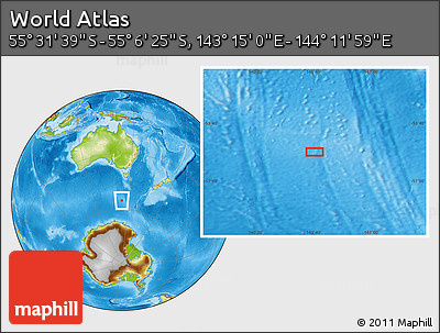 Physical Location Map of the Area around 55° 19' 2" S, 143° 43' 29" E